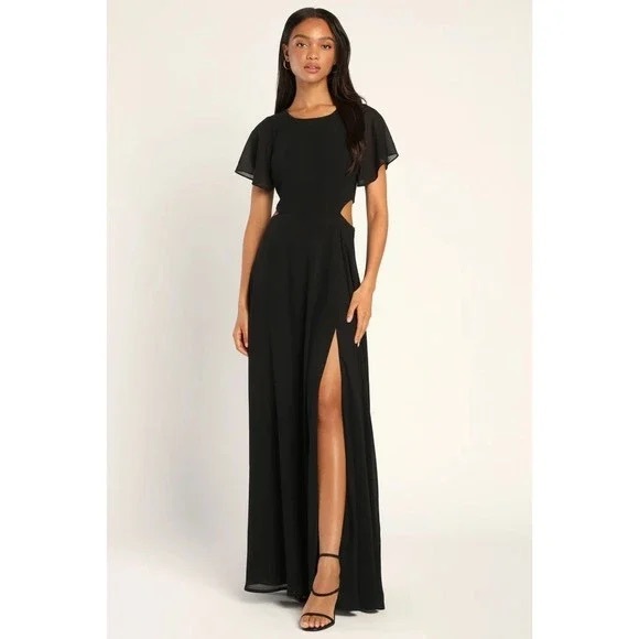 291. Lulu's Black Cutout Maxi Dress Flutter Sleeve - Picture 2 of 6